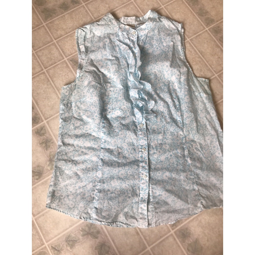 LL Bean Turquoise and White Floral Print Ruffled Tank size Large Cotton